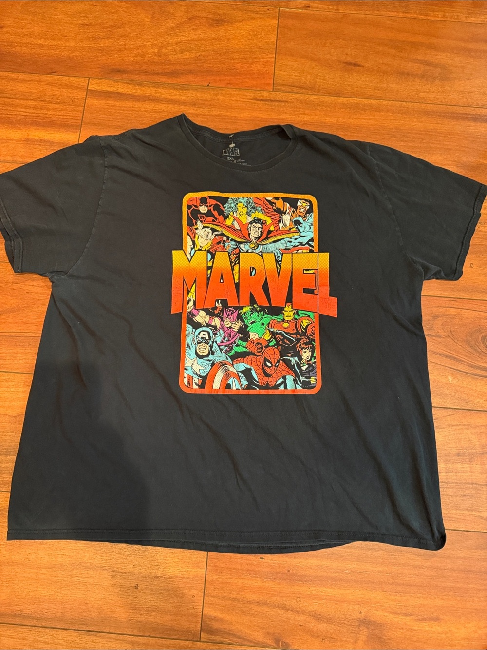 Marvel Black Short Sleeve Tee with Orange & Multicolor Comic Panel